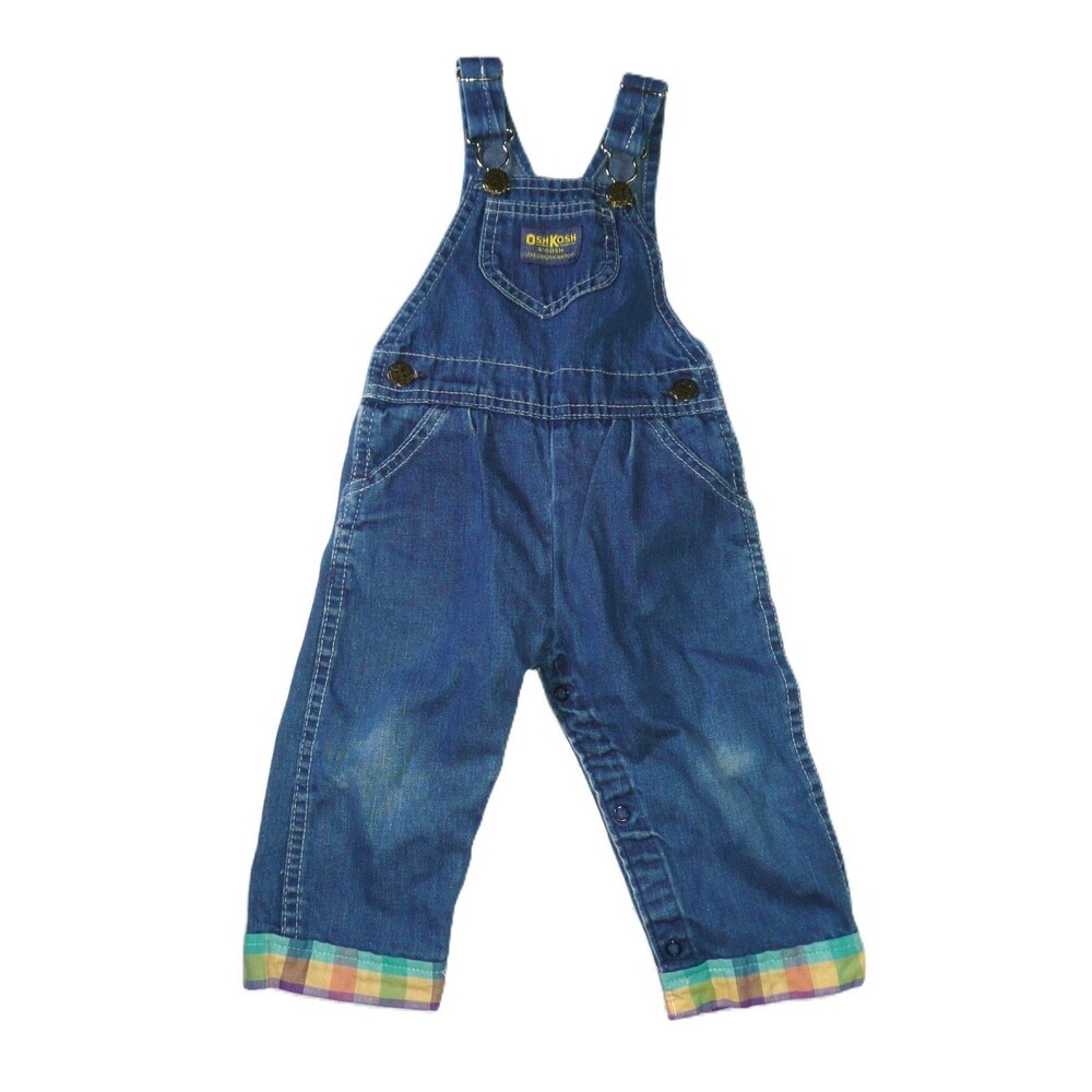 Vtg. OSHKOSH B'GOSH Blue Denim Plaid Overalls Size 24 Months Made in USA